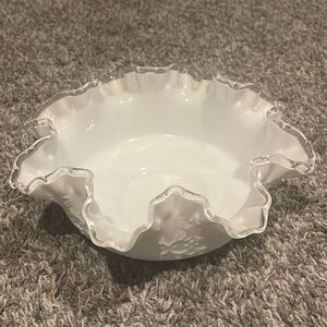 Fenton Silver Crest White Milk Glass Bowl Ruffle Top Spanish Lace
